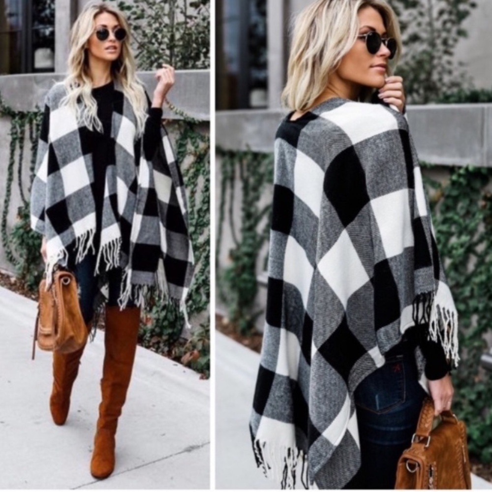 LAST 1! 5 Star Rated! New Cozy Soft Chic Plaid Fringe Poncho Ruana - Picture 3 of 11